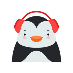 Funny penguin in headphones, cute cartoon animal character avatar vector Illustration on a white background