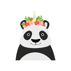 Panda bear wearing a wreath of flowers, cute cartoon animal character avatar vector Illustration on a white background