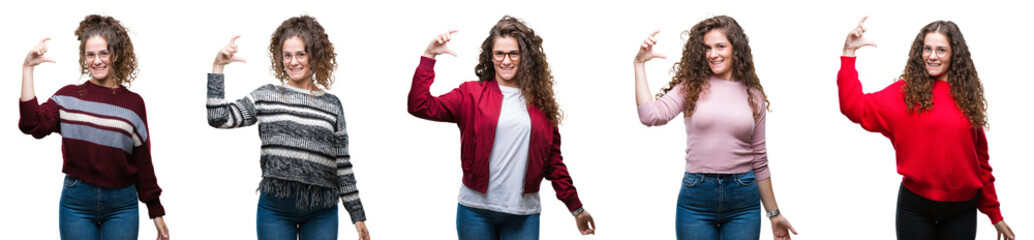 Collage of young brunette curly hair girl over isolated background smiling and confident gesturing with hand doing size sign with fingers while looking and the camera. Measure concept.