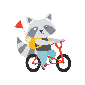 Cheerful raccoon riding a bike with a backpack, cute animal cartoon character travelling on summer vacation vector Illustration on a white background
