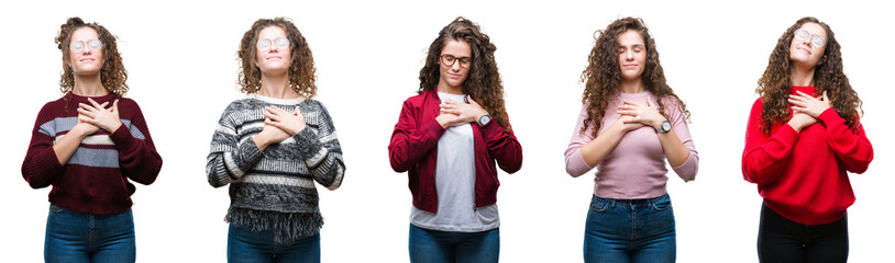 Collage of young brunette curly hair girl over isolated background smiling with hands on chest with closed eyes and grateful gesture on face. Health concept.