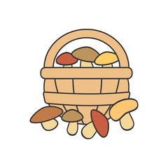cute cartoon vector basket with different mushrooms isolated on white background