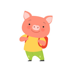 Obraz na płótnie Canvas Cheerful tourist pig with backpack, cute animal cartoon character travelling on summer vacation vector Illustration on a white background