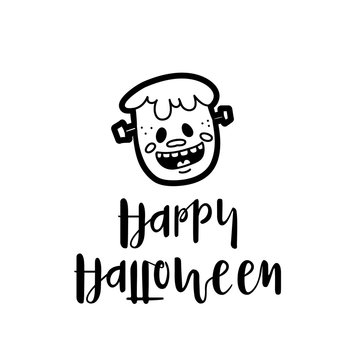 Cute monster wishing Happy Halloween on card