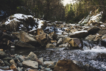 The river in the Carpathian Mountains in the winter. Dragobrat Snow drops Winter fairy tale. Traveling