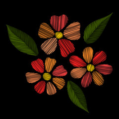 Vector floral embroidery stitches with flowers and leaves