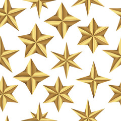 Shiny Seamless pattern of realistic golden 3D stars isolated on white backdrop.
