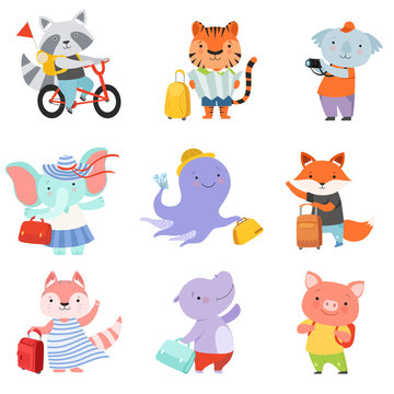 Cute cartoon animals set, raccoon, tiger, coala, elephant, octopus, fox, cat, mouse, piglet travelling on summer vacation vector Illustration on a white background