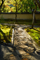 Stone path at Japanese Zen garden, Kyoto Japan.