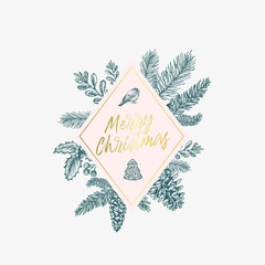 Merry Christmas Abstract Botanical Card with Rhombus Frame Banner and Modern Typography. Green, Golden and Pink Pastel Colors Greeting Layout.