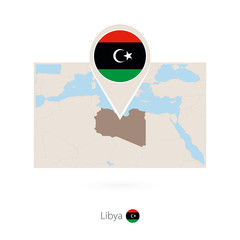 Rectangular map of Libya with pin icon of Libya