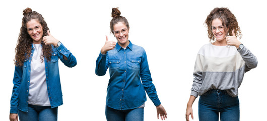 Collage of young brunette curly hair girl over isolated background doing happy thumbs up gesture with hand. Approving expression looking at the camera with showing success.