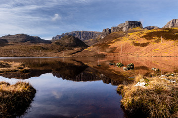 Fototapeta na wymiar Reflections in Loch Langaig with The Quiraing in the background, Isel of Skye, Scotland