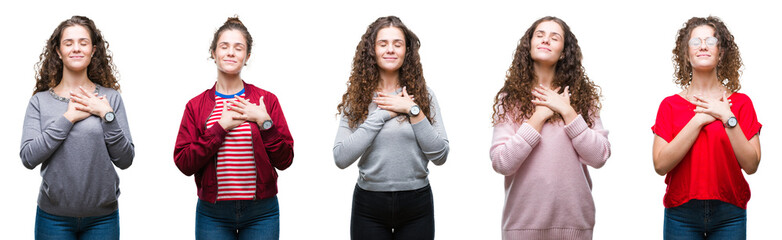 Collage of young brunette curly hair girl over isolated background smiling with hands on chest with closed eyes and grateful gesture on face. Health concept.