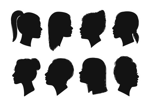 Various women faces silhouettes. Hand drawn vector set. All elements are isolated