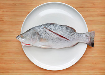 Fresh white snapper fish on white plate against wooden board background. Raw food preparation on dish.
