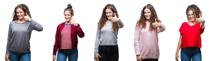 Collage of young brunette curly hair girl over isolated background doing happy thumbs up gesture with hand. Approving expression looking at the camera with showing success.