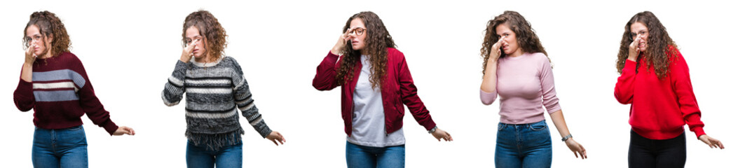 Collage of young brunette curly hair girl over isolated background smelling something stinky and disgusting, intolerable smell, holding breath with fingers on nose. Bad smells concept.