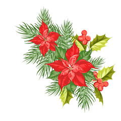 Composition of red poinsettia flower isolated over white background. Holidays ard with poinsettia red star. Vector illustration.