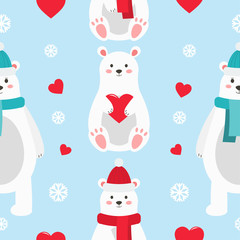 Seamless pattern with a polar bear and his mom. Mothers day. Valentine's Day. Flat cartoon style. Vector illustration.