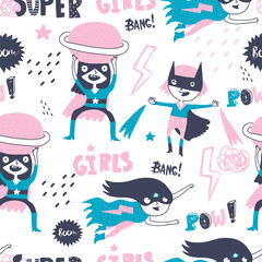 Super hero girls. Hand drawn vector seamless pattern