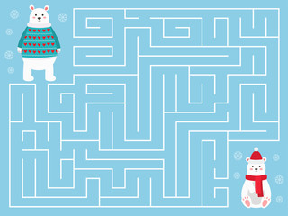 Christmas maze game for children. Help the mother bear find her Polar bear baby. Cute cartoon characters. Preschool educational game. Vector illustration.