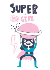 Super girl. Cute heroic kid greeting card. Hand drawn vector illustration
