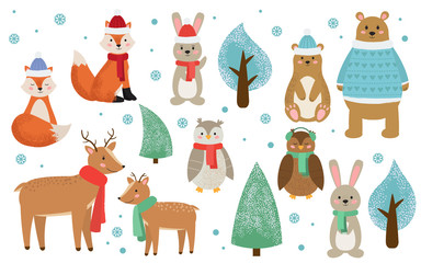 Set of winter forest animals dressed in clothes. Cute cartoon fox, rabbit, bear, deer, owl and trees. Christmas set. Kids style flat vector illustration.
