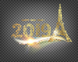 Eiffel tower icon with golden confetti 2019 sign isolated over transparent background. Vector illustration.