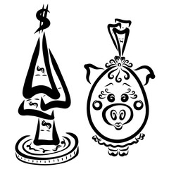 Girl, piggy bank with bills, next to the Christmas tree