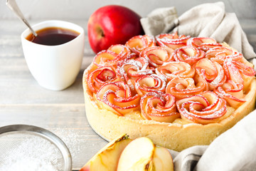 Rustic homemade cake with apple and cinnamon, selective focus