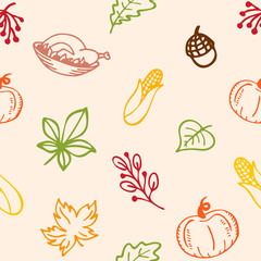 Autumn theme, seamless pattern. Happy Thanksgiving day. Food and harvest. Vector background, texture, illustration. Sketch style