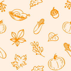 Autumn theme, seamless pattern. Happy Thanksgiving day. Food and harvest. Vector background, texture, illustration. Sketch style