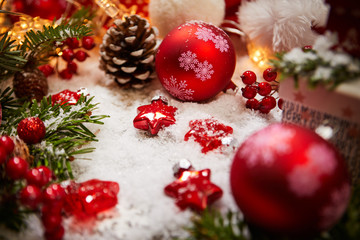 Christmas background with decorations on snow