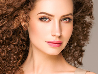 Curly hair woman beautiful beauty portrait, female glamour face with long brunette hairstyle