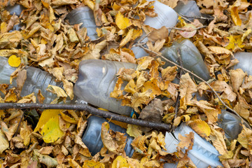 old garbage covered with yellow foliage, globally ecological problem of the planet