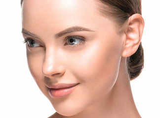 Beauty healthy skin closeup face woman natural makeup eyes and lips