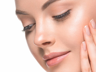 Beauty healthy skin closeup face woman natural makeup eyes and lips