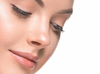 Beauty healthy skin closeup face woman natural makeup eyes and lips