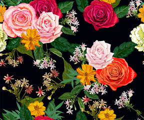 Roses and littles flower seamless pattern