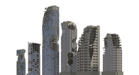 Ruined Skyscrapers Isolated On White 3D Illustration