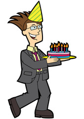 Happy daddy with a birthday cake/ Illustration cartoon cheerful father bearing cake with candles 