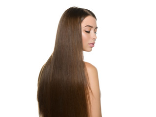 Naklejka premium Smooth hair woman brunette with long hairstyle fly hair beauty