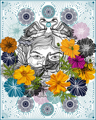 Beautiful woman face line art with swans , butterfly  and yellow cosmos