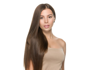 Fototapeta premium Healthy hair brunette long woman hairstyle isolated on white