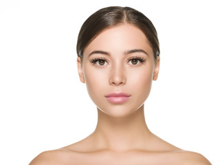 Fototapeta premium Beautiful woman face close up healthy skin and beauty lashes soft lips isolated on white