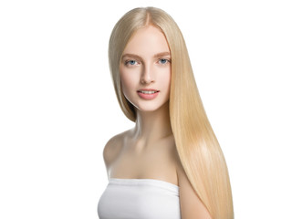 Blonde long hair woman with healthy long hairstyle beauty isolated on white