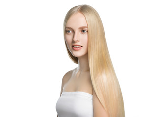 Blonde long hair woman with healthy long hairstyle beauty isolated on white