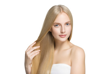 Blonde long hair woman with healthy long hairstyle beauty isolated on white