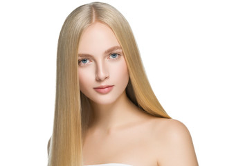 Blonde long hair woman with healthy long hairstyle beauty isolated on white